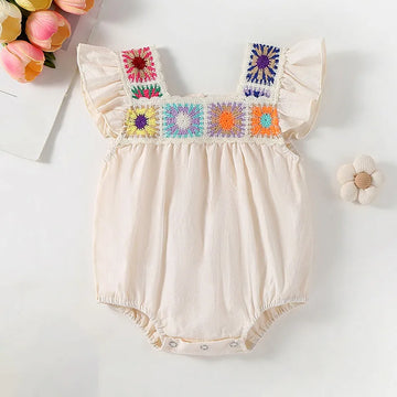 Colorful Embroidered Square-Collar Onesie