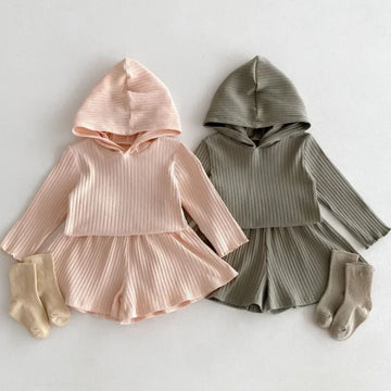 Long-Sleeved Solid Top Hoodie Top & Shorts Sets
