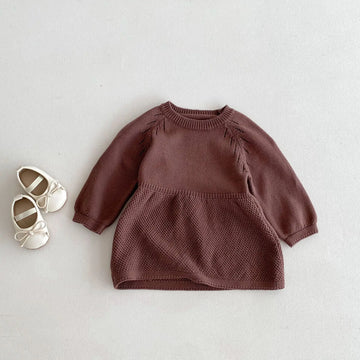 Girls' Autumn Long-Sleeved Coffee Knit Dress