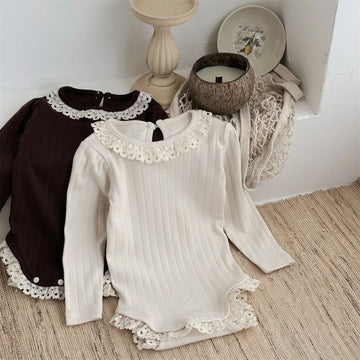 Lace Collar Ribbed Hollow Out Onesie