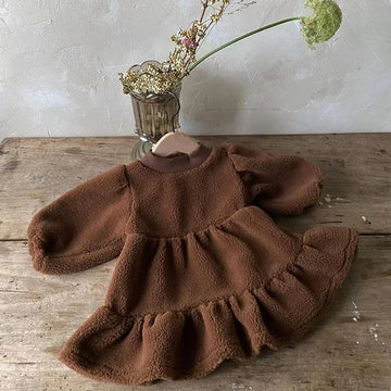 Retro Solid Fleece Long Sleeves Dress