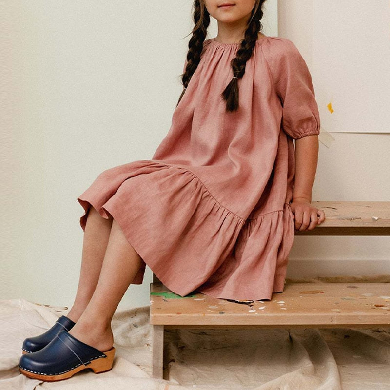 Girls' Casual Cotton-Linen A-Line Dress with Ruffles Komfy Kloset Girls' Casual Cotton-Linen A-Line Dress with Ruffles Komfy Kloset