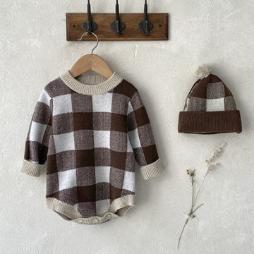 Plaid Knitted Romper & Hat Set