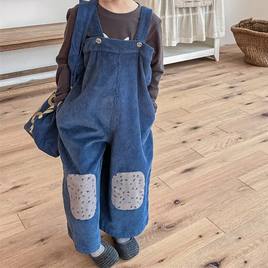 Wide-Leg Corduroy  Patchwork Overalls