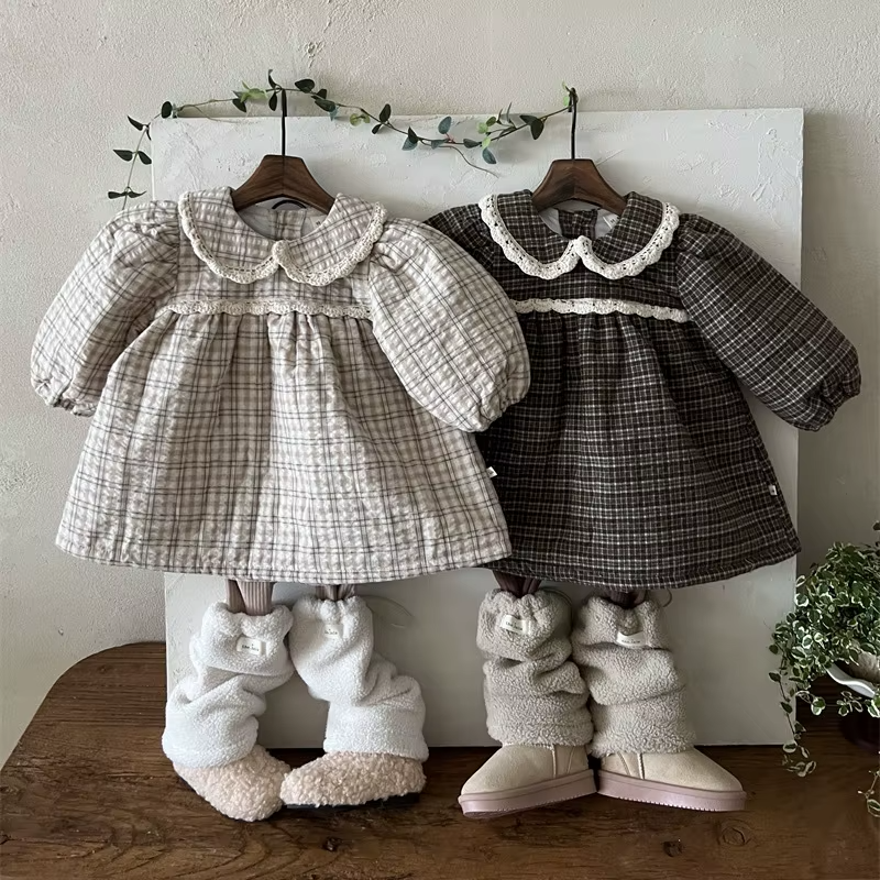 Girls' Peter Pan Collar Plaid  Dress