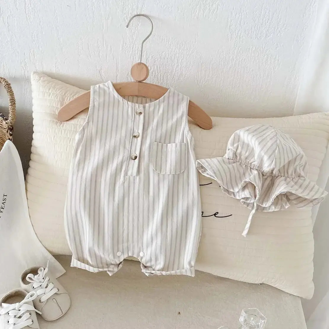Girls Striped Sleeveless Romper & Cap Set