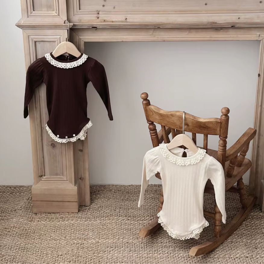 Lace Collar Ribbed Hollow Out Onesie