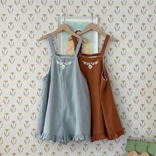 Embroidered Flower Print Overalls
