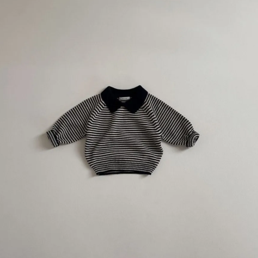 Lapel Striped Knit Sweater