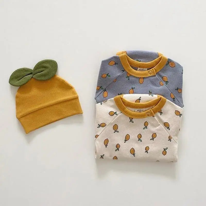 Lemon Print Jumpsuit Long Sleeve Onesie & Hat Set