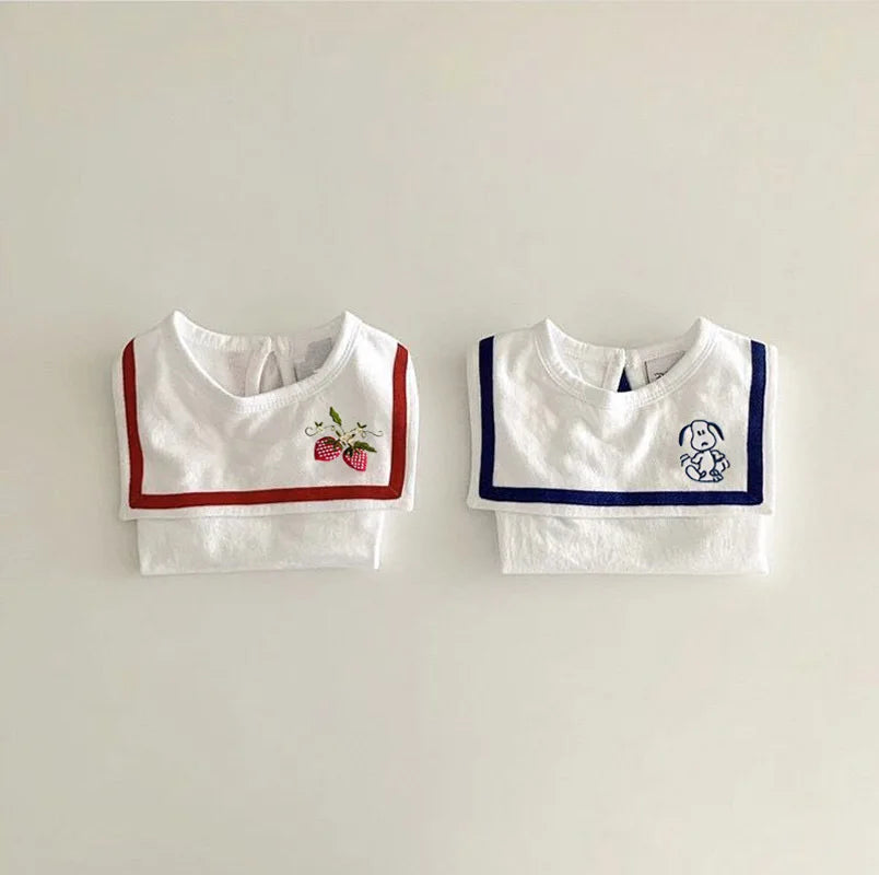 Square Collar Cartoon Embroidered Onesie