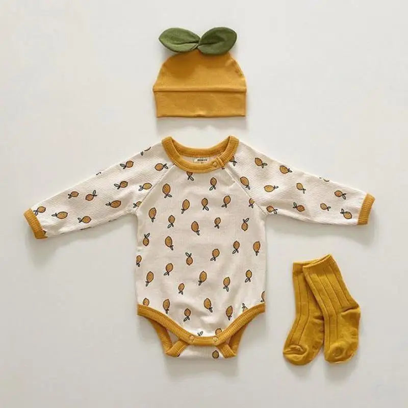 Lemon Print Jumpsuit Long Sleeve Onesie & Hat Set