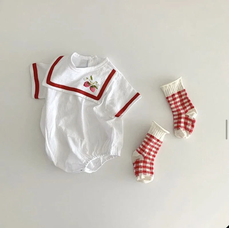 Square Collar Cartoon Embroidered Onesie