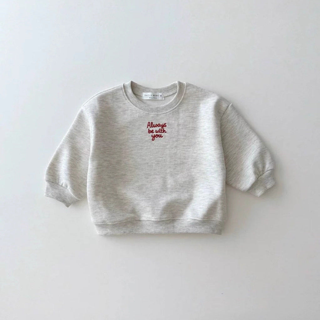 Gray sweatshirt with text on a white background