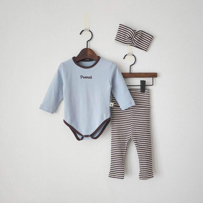 Striped High-Waist Baby Romper Set - 3-Piece Outfit with Headband