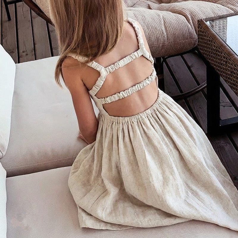 Linen Backless Suspender Dress - A-Line Summer Strap Dress for Girls