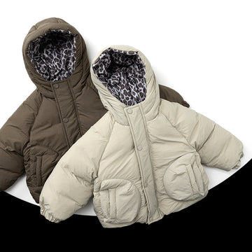 Leopard Print Quilted Puffer Jacket - Thick Hooded Winter Coat for Kids