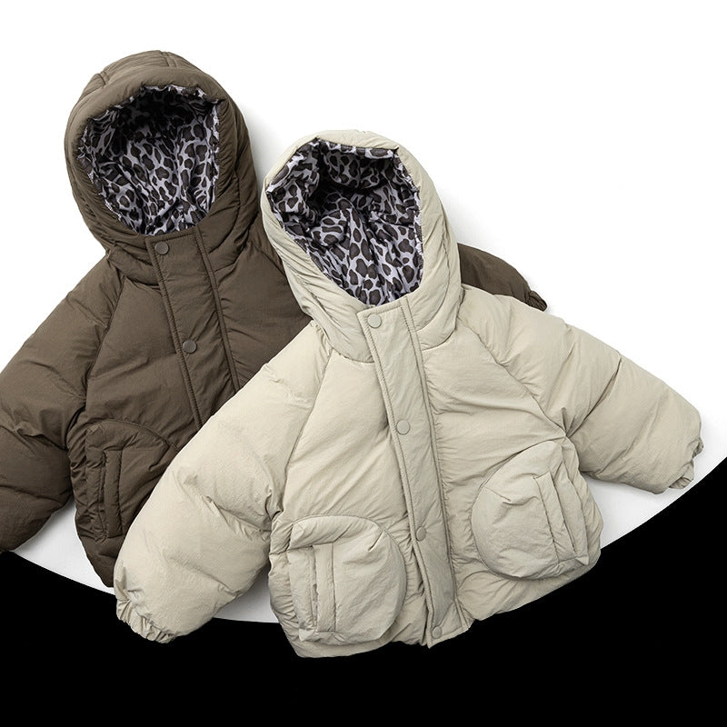 Leopard Print Quilted Puffer Jacket - Thick Hooded Winter Coat for Kids