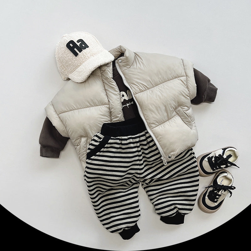 Fleece-Lined Striped Pants - Thick Warm Casual Trousers for Kids