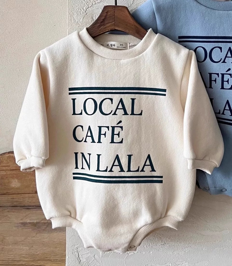 'LOCAL CAFE IN LALA' Fleece-Lined Baby Onesie - Soft Cotton Romper