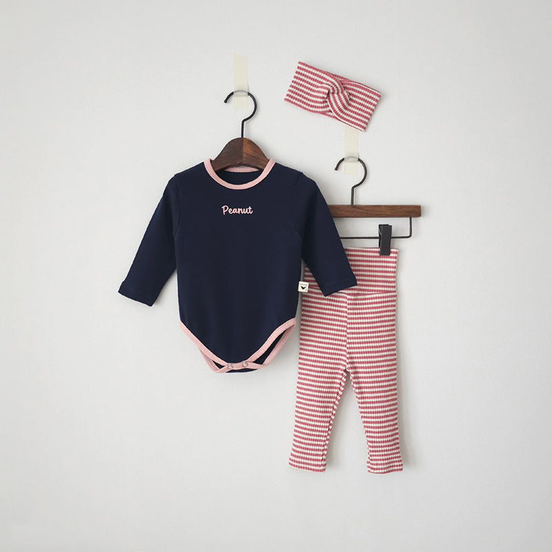 Striped High-Waist Baby Romper Set - 3-Piece Outfit with Headband