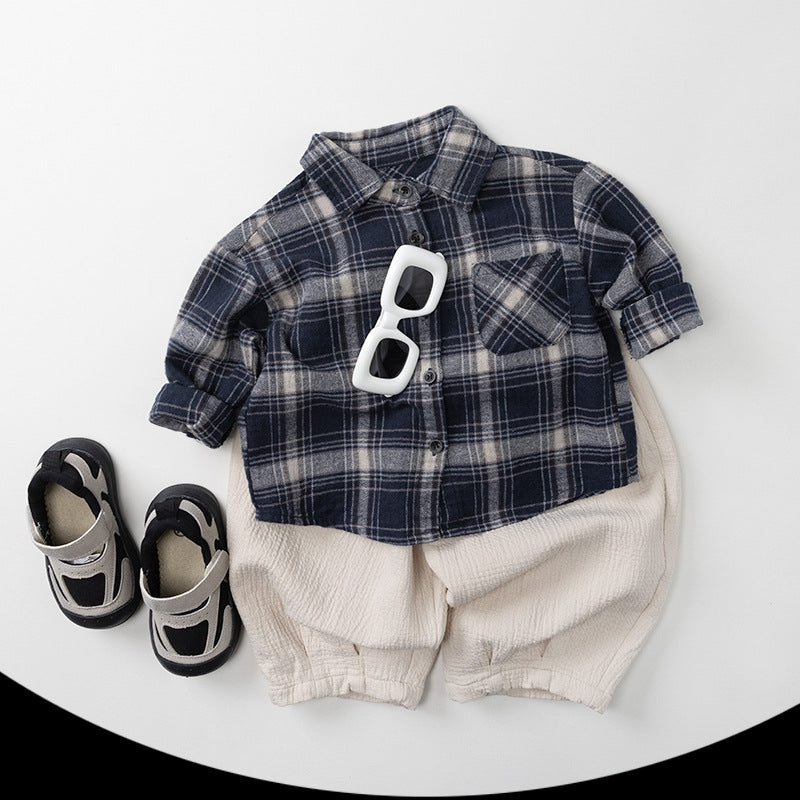 Plaid Button-Up Shirt - Long Sleeve V-Neck Casual Top for Kids