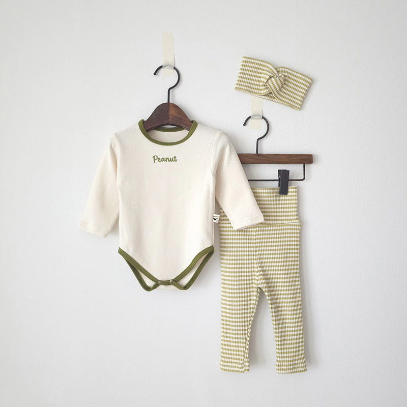 Striped High-Waist Baby Romper Set - 3-Piece Outfit with Headband