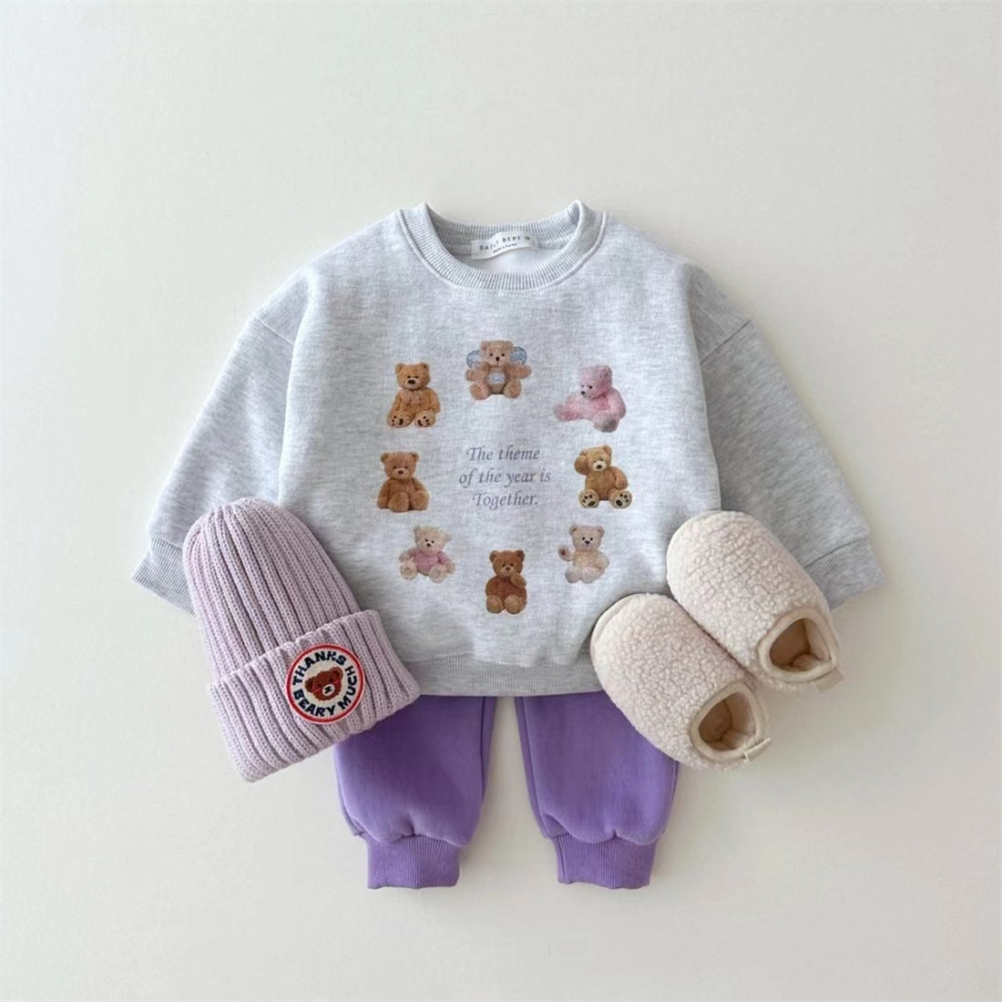 Cute Bear Fleece-Lined Sweatshirt Set - 2-Piece Sports Outfit for Kids