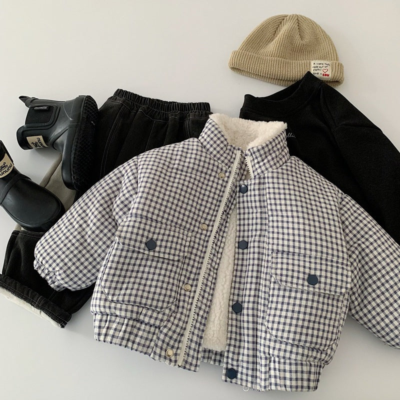 Plaid Cotton Puffer Jacket - Hooded Winter Coat for Kids
