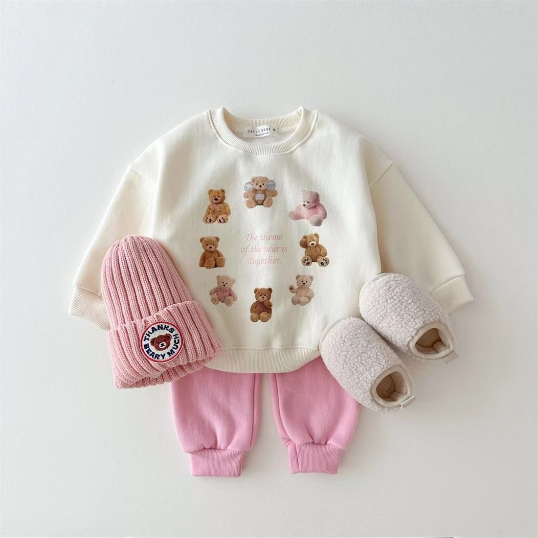 Cute Bear Fleece-Lined Sweatshirt Set - 2-Piece Sports Outfit for Kids