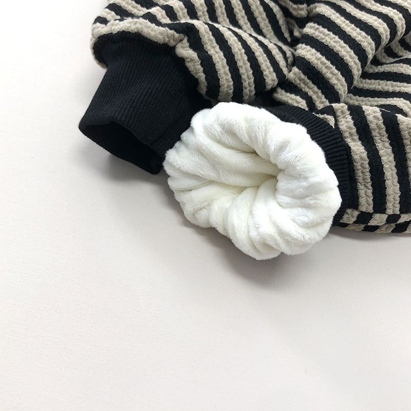 Fleece-Lined Striped Pants - Thick Warm Casual Trousers for Kids