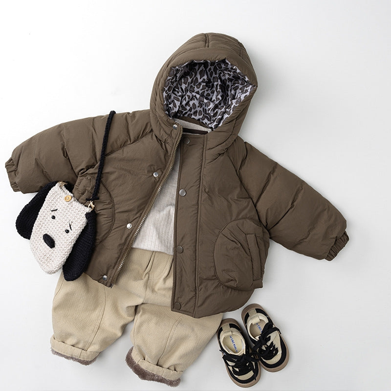 Leopard Print Quilted Puffer Jacket - Thick Hooded Winter Coat for Kids