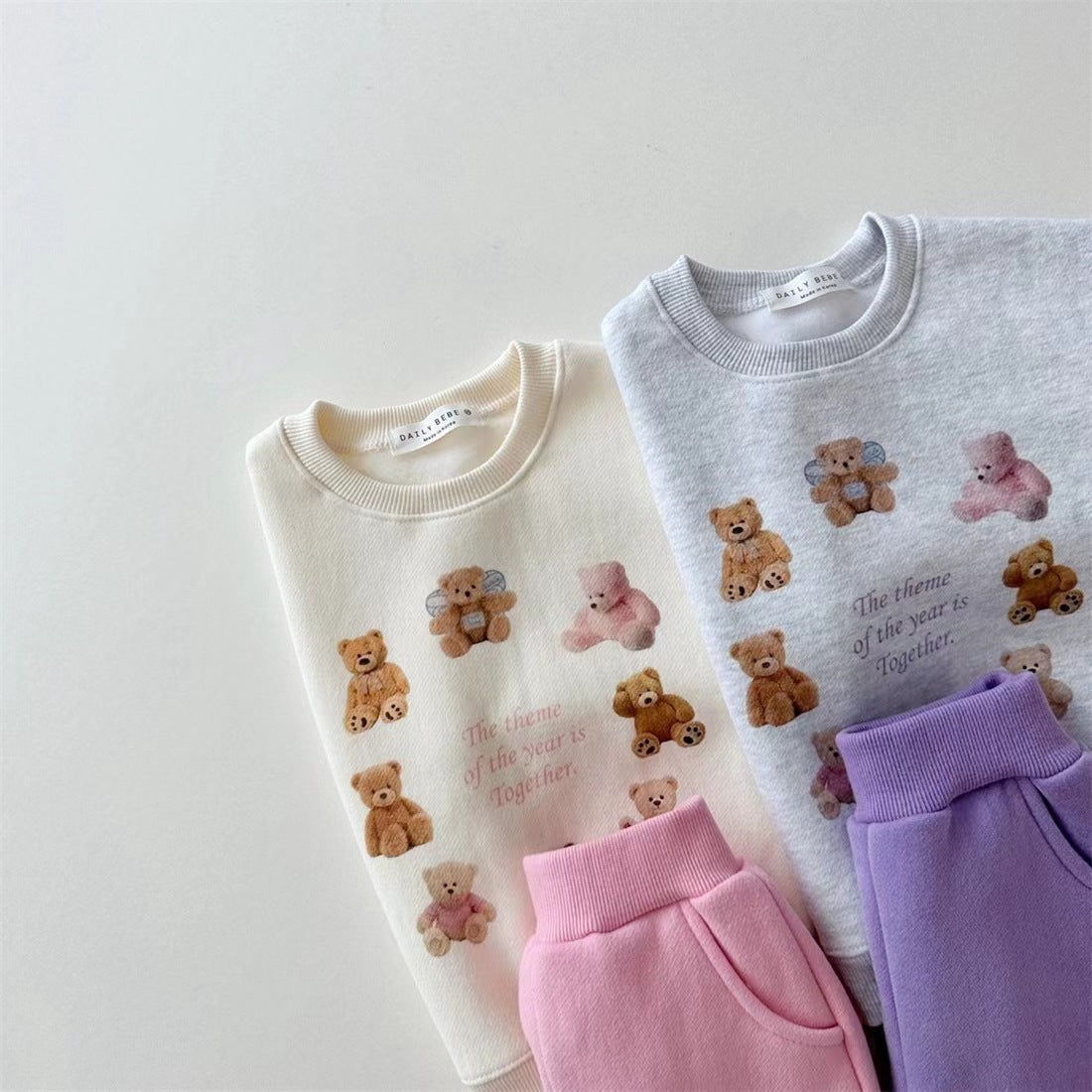 Cute Bear Fleece-Lined Sweatshirt Set - 2-Piece Sports Outfit for Kids