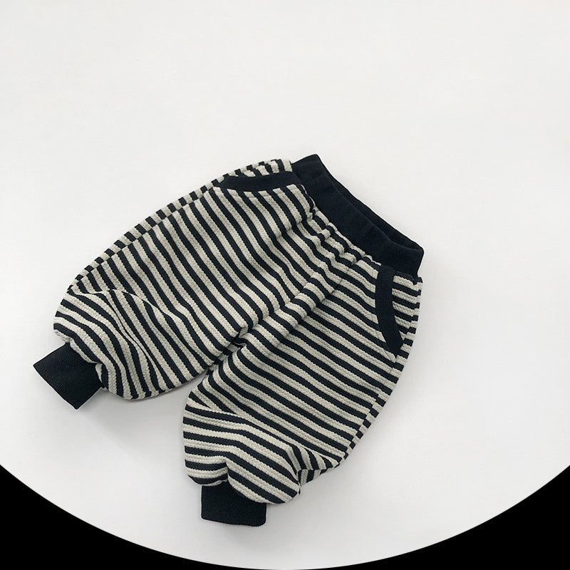 Fleece-Lined Striped Pants - Thick Warm Casual Trousers for Kids