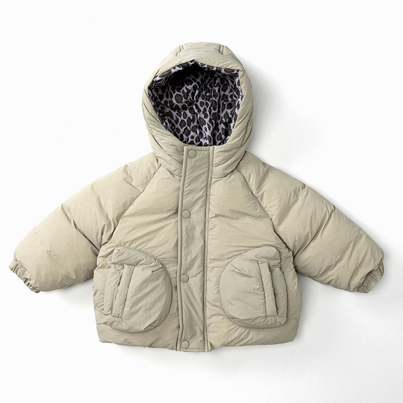 Leopard Print Quilted Puffer Jacket - Thick Hooded Winter Coat for Kids