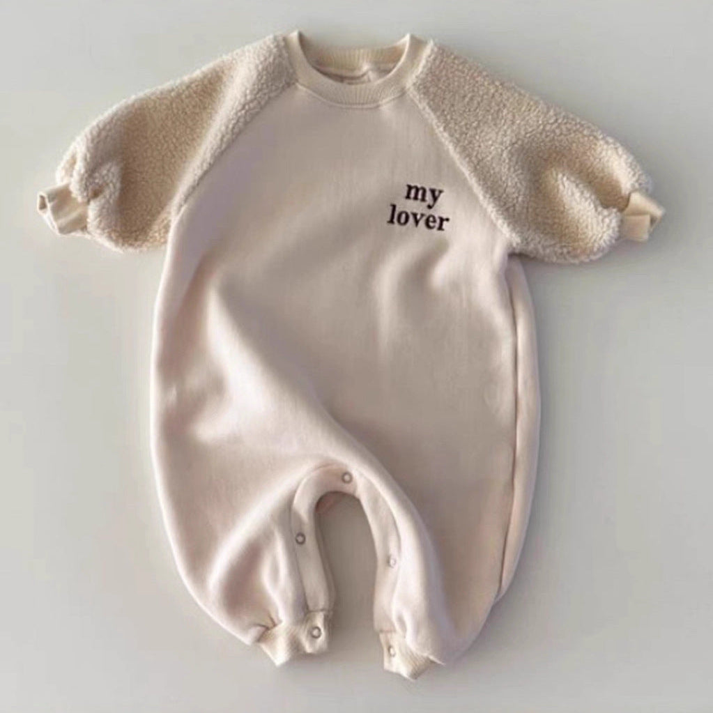 Beige baby romper with 'my lover' text on a light gray background