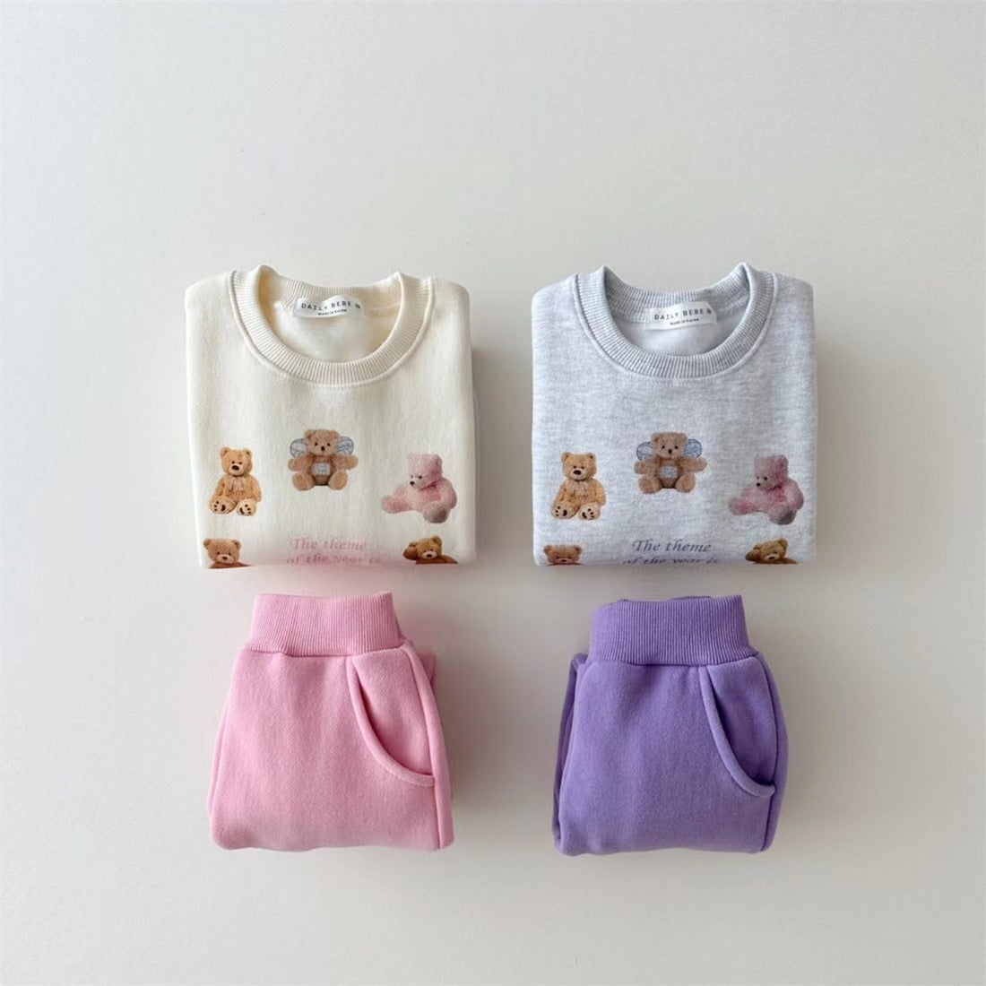 Cute Bear Fleece-Lined Sweatshirt Set - 2-Piece Sports Outfit for Kids