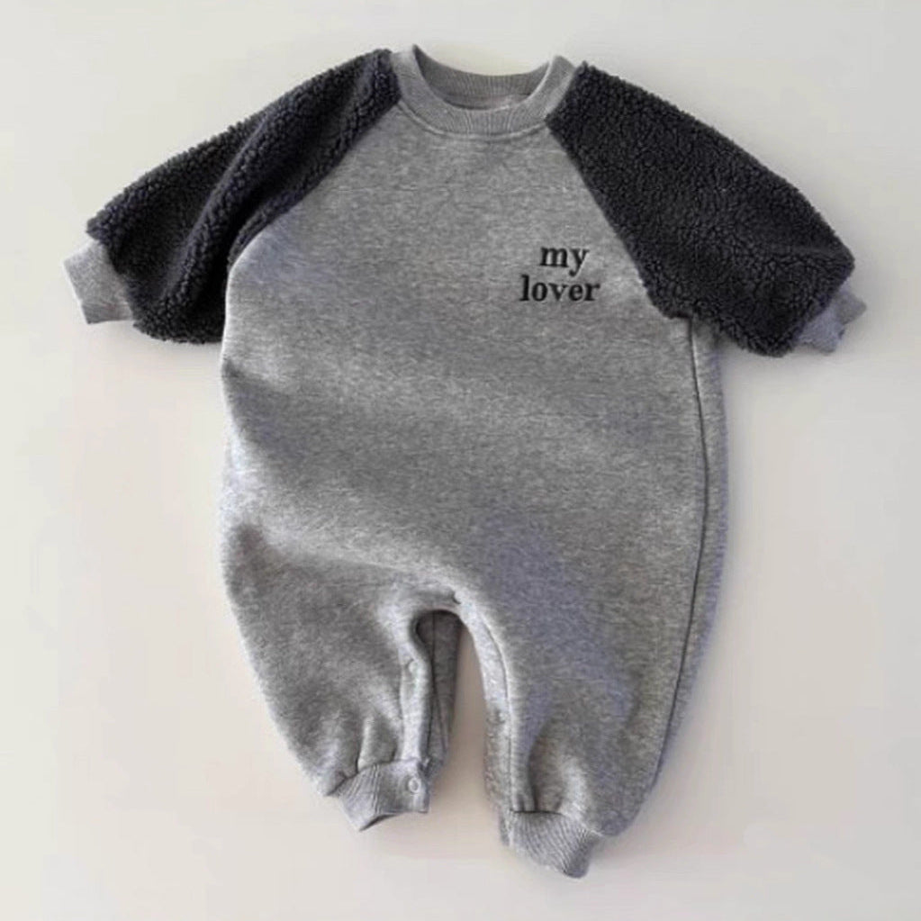 Gray baby romper with black sleeves and 'my lover' text on a white background