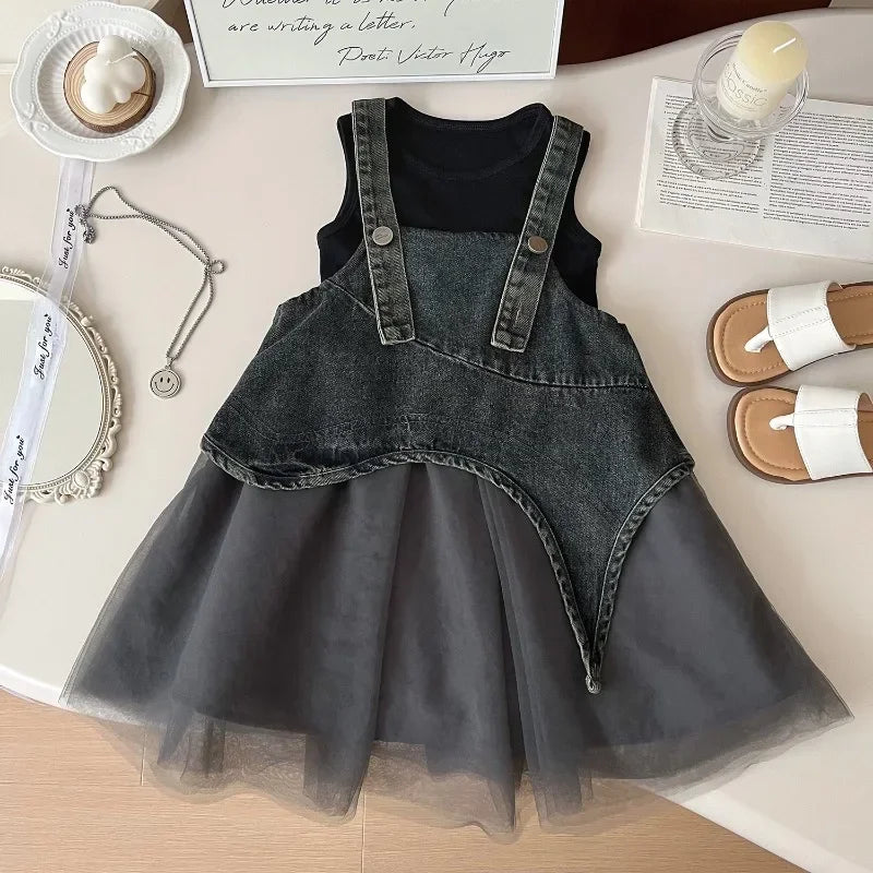 Girls' Sleeveless T-shirt & Denim Mesh Dress Set