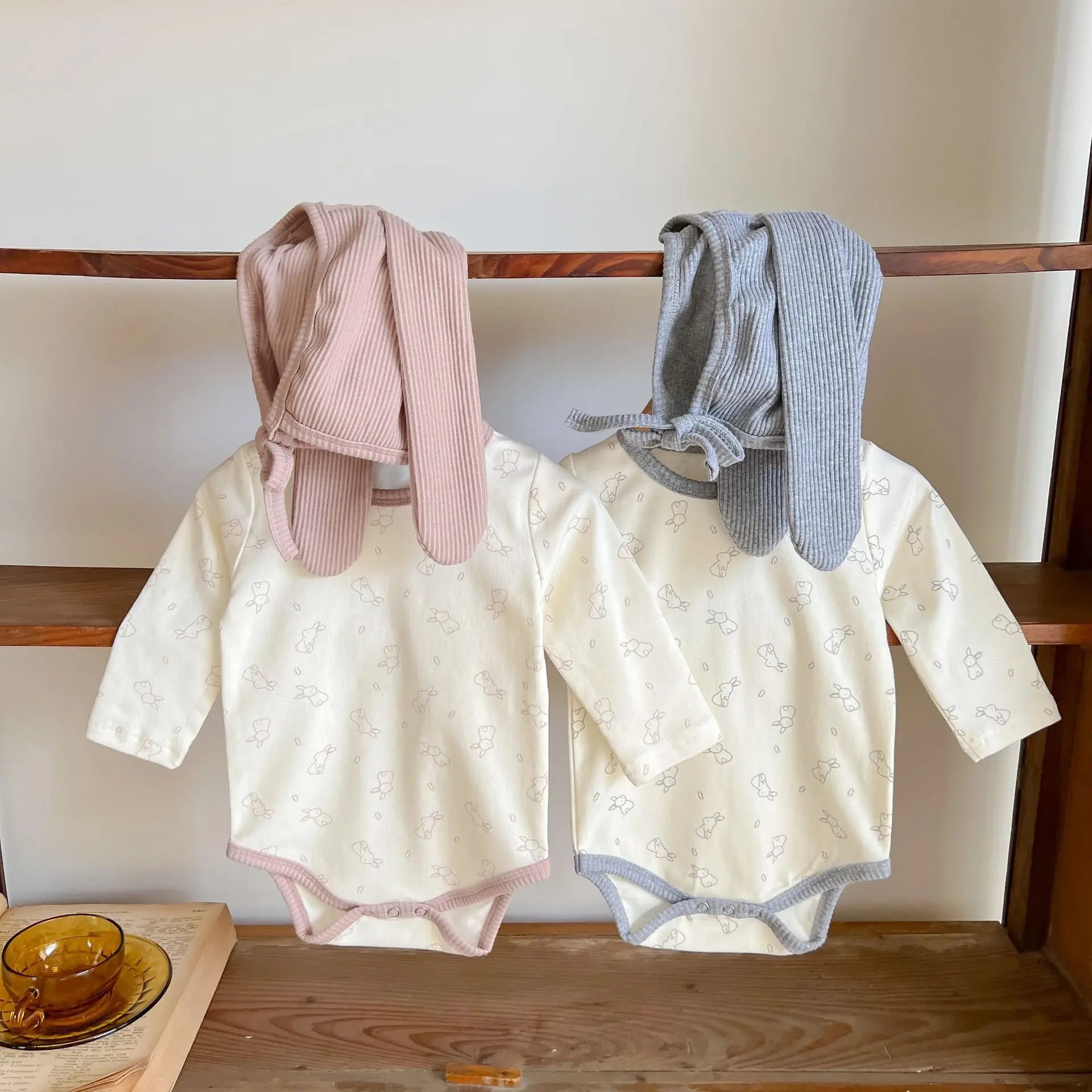 Long-Sleeved Print Romper & Bunny Ear Hat Set