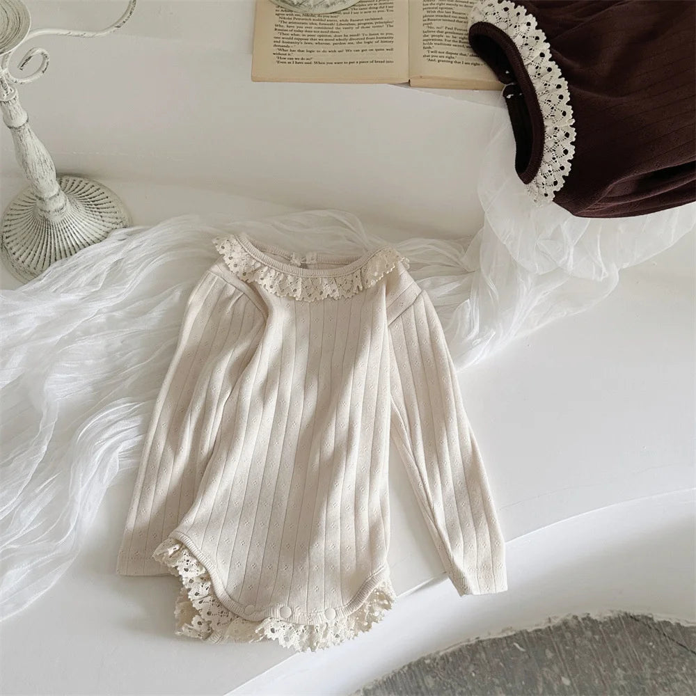 Lace Collar Ribbed Hollow Out Onesie