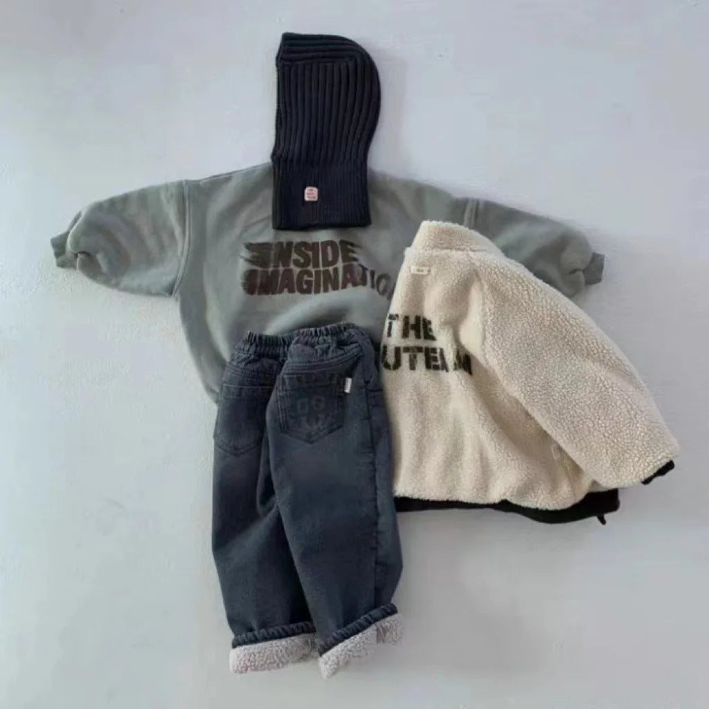 Thick Fleece Retro Denim Pants