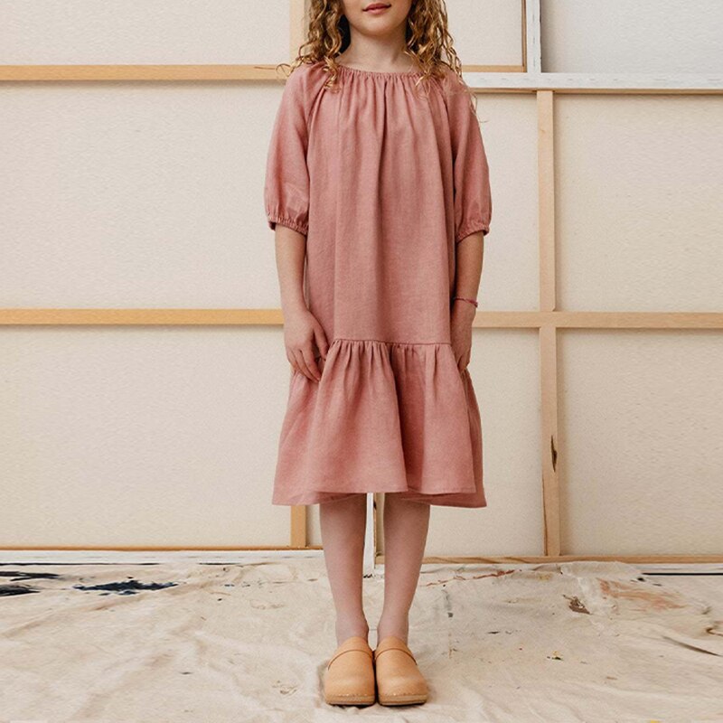 Girls' Casual Cotton-Linen A-Line Dress with Ruffles