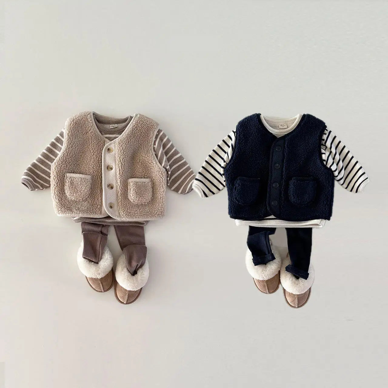 Sherpa Vest + Striped Top + Leggings Set