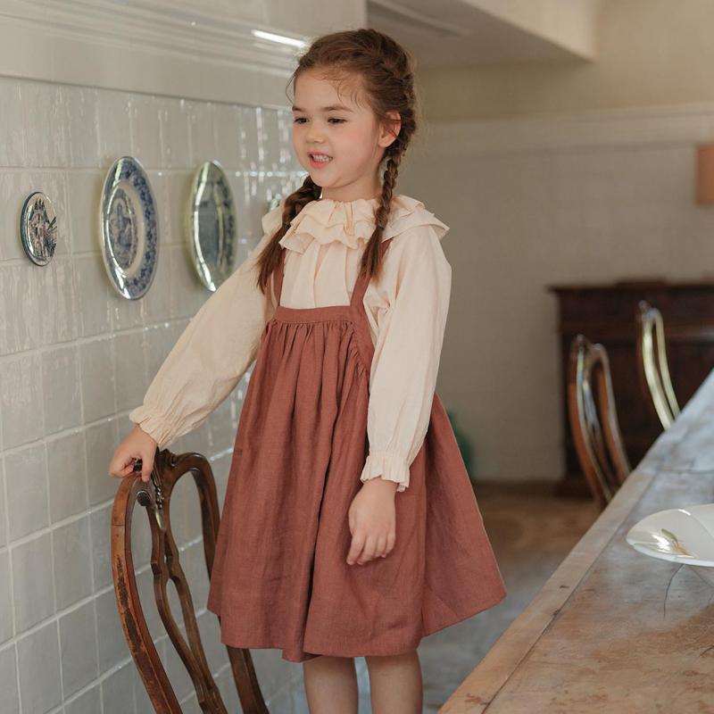 Long-Sleeved Lotus Collar Blouse & Overalls Dress