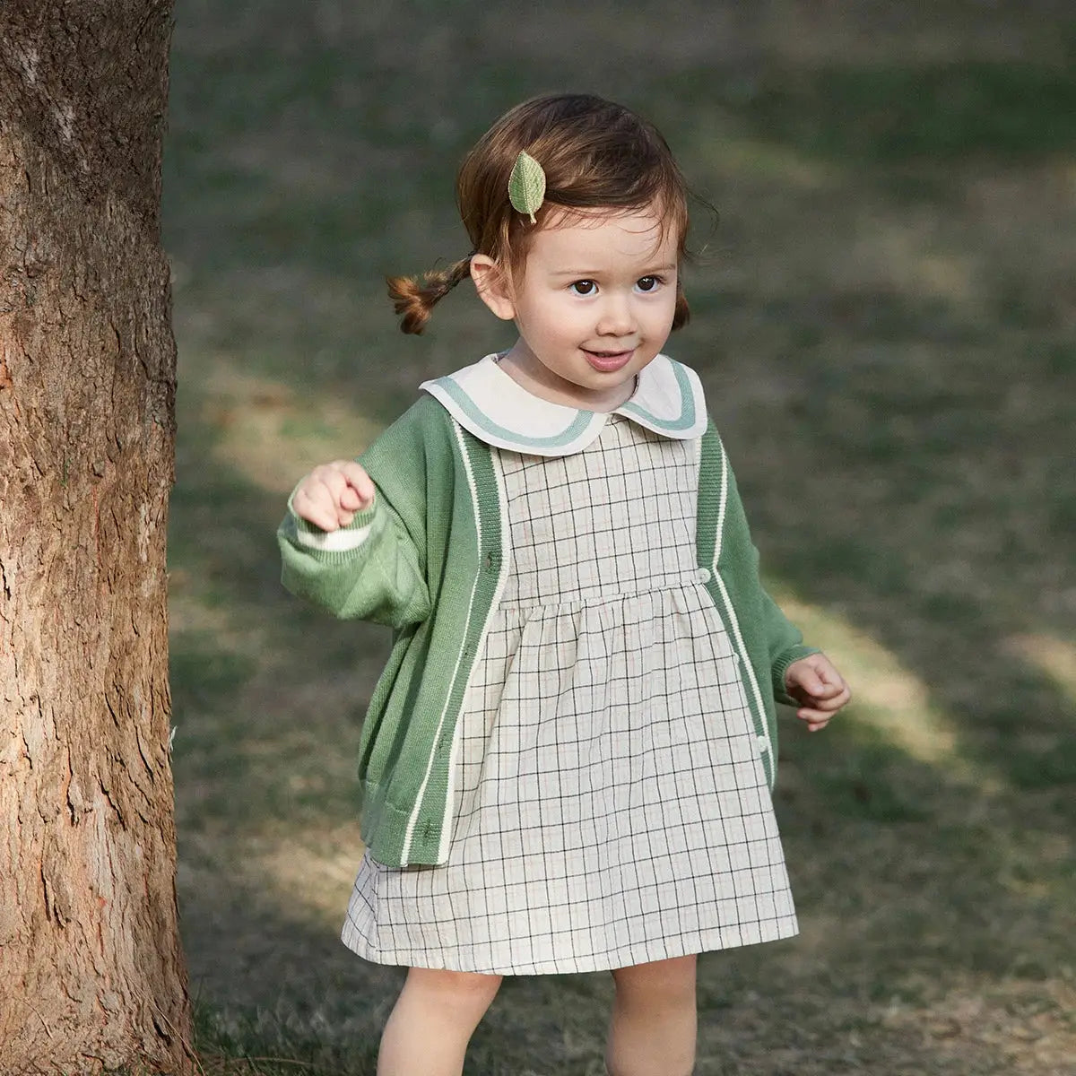 Girls' Button-Down Cardigan & Plaid Dress Set