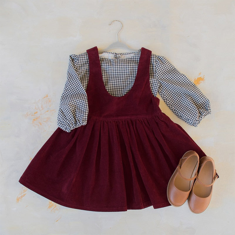 Girls U-Collar Red Corduroy Dress