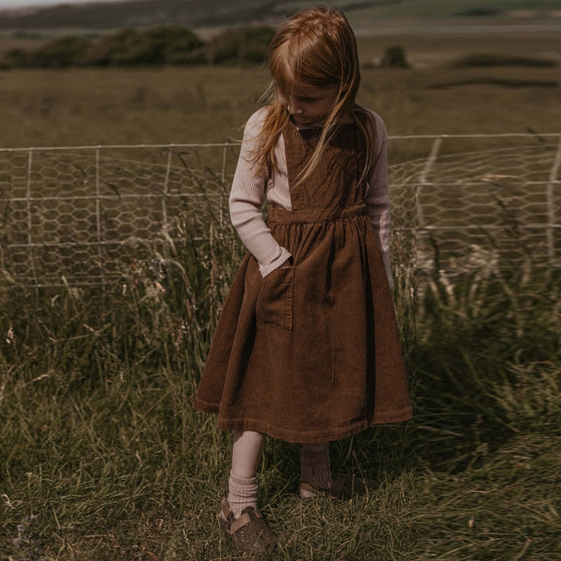 Girl's Retro Corduroy Strappy Dress