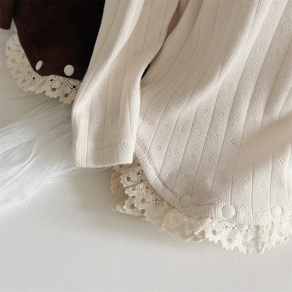 Lace Collar Ribbed Hollow Out Onesie