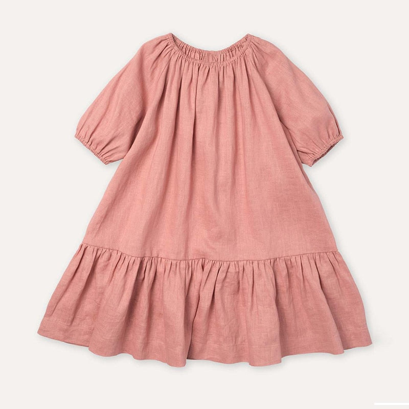 Girls' Casual Cotton-Linen A-Line Dress with Ruffles